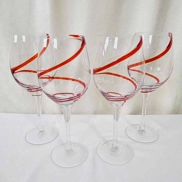 Pier 1 Other - (4) Pier 1 Red SWIRLINE Rare 10" Water Wine Glasses Goblets Stemware | Retired